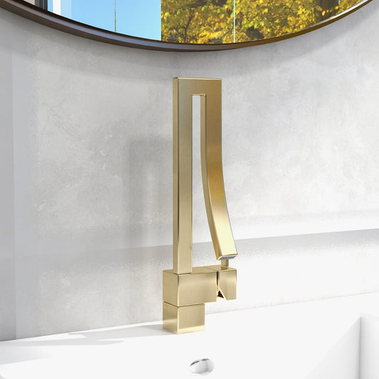 Brushed Gold Waterfall Bathroom Sink Faucet Single Hole Single Handle Brass Modern Style
