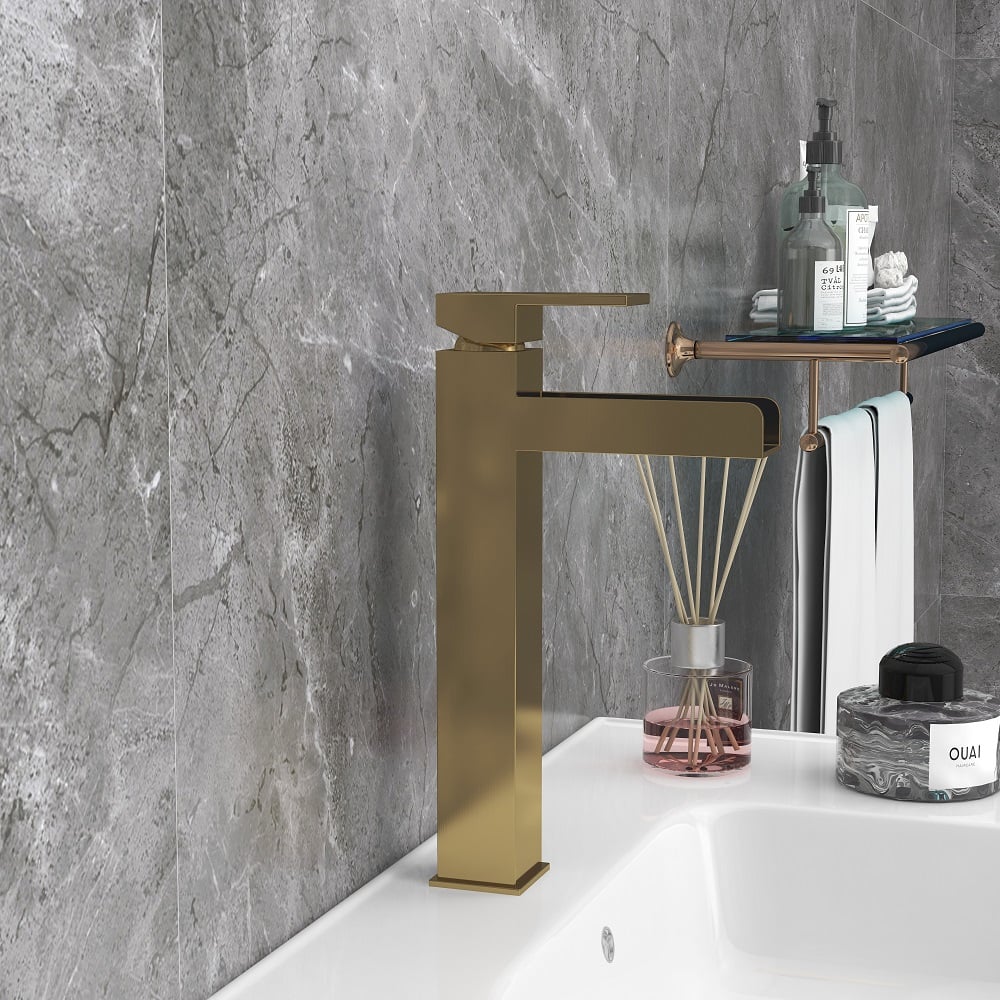 Brushed Gold Single Handle Waterfall Bathroom Vessel Sink Faucet Solid Brass Modern