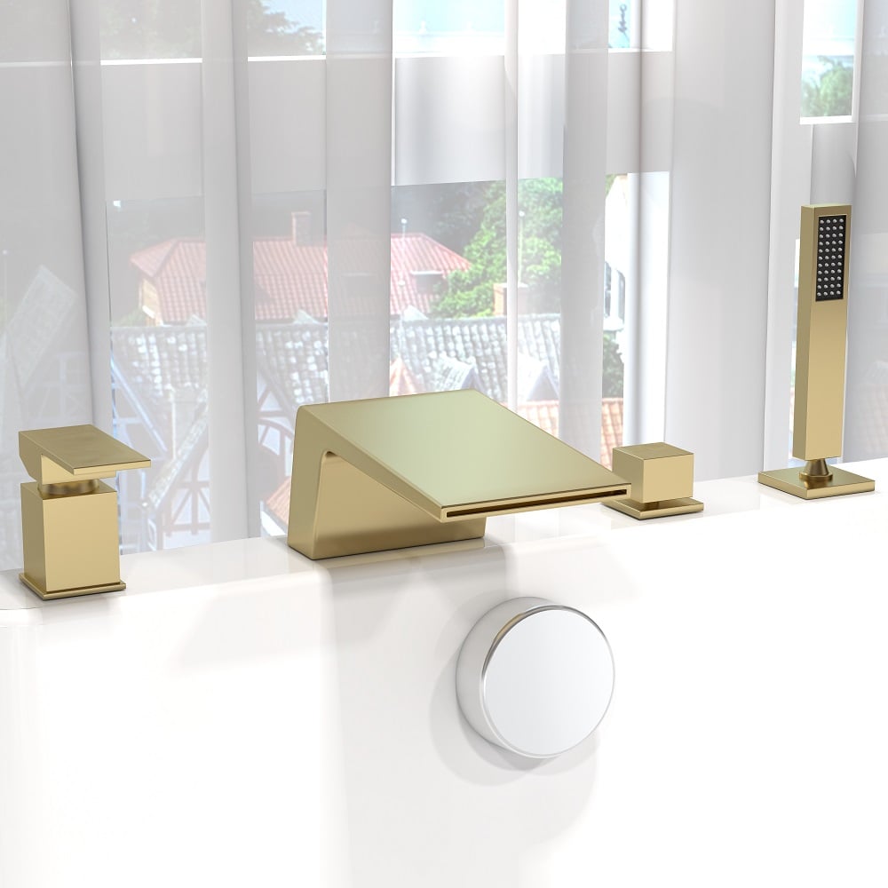 Waterfall Deck-Mount Roman Tub Faucet with Handshower in Brushed Gold