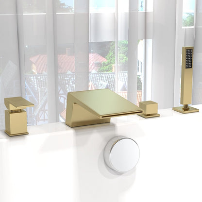 Waterfall Deck-Mount Roman Tub Faucet with Handshower in Brushed Gold