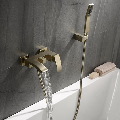 Ridge Wall-Mount Waterfall Bathtub Faucet Tub Filler with Hand Shower in Brushed Gold