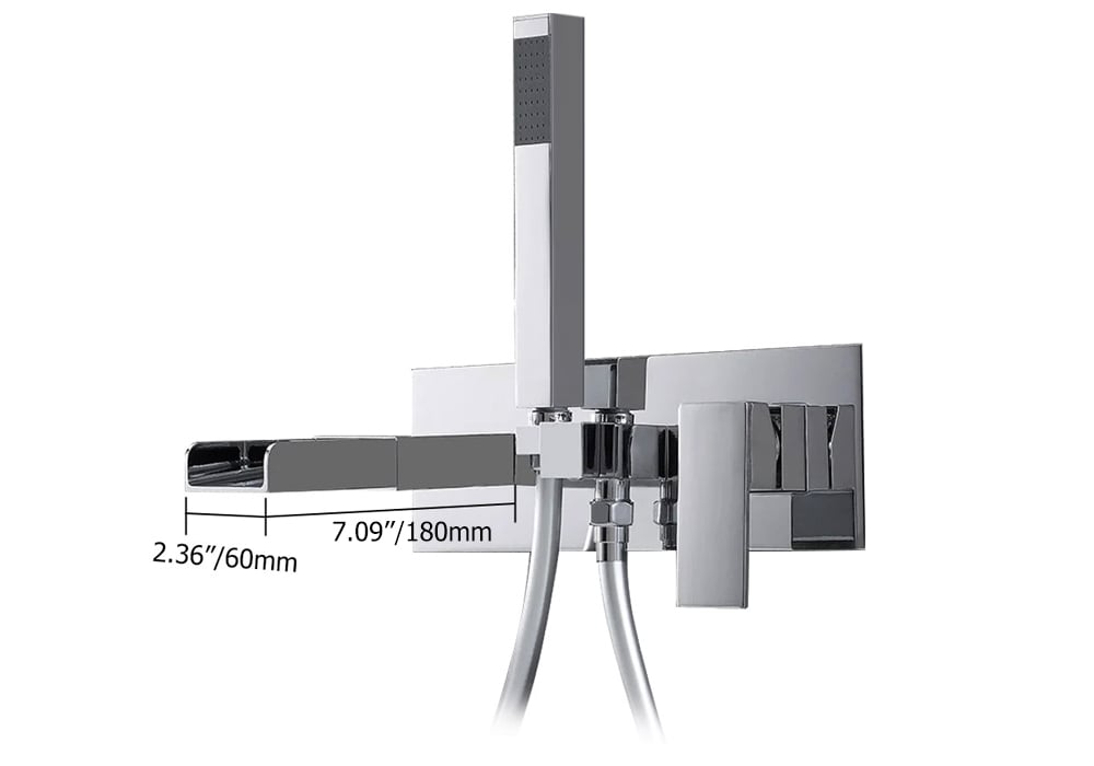 Mill Modern Waterfall Wall-Mount Tub Filler Faucet & Handshower Chrome Solid Brass