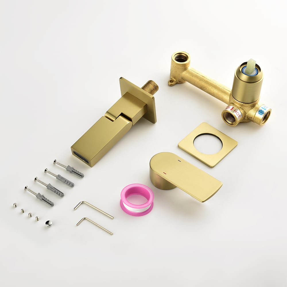 Brushed Gold Waterfall Bathroom Sink Faucet with Swirling Spout Wall-Mounted Solid Brass