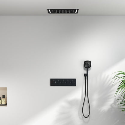 20" Ceiling Mounted Thermostatic Rainfall Shower System 4 Functions LED Light in Black