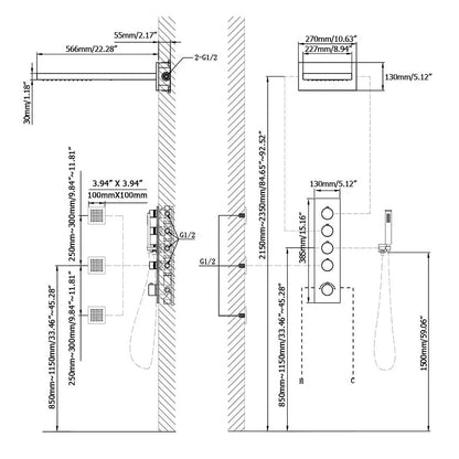 Wall Mounted Waterfall Rain Shower System with 3 Body Sprays in Matte Black Solid Brass