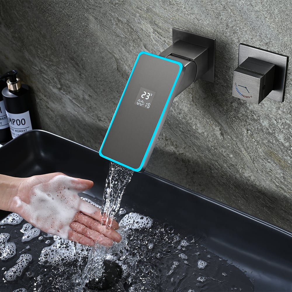 Led Digital Temperature Display Bathroom Rotating Faucet in Dark Gray