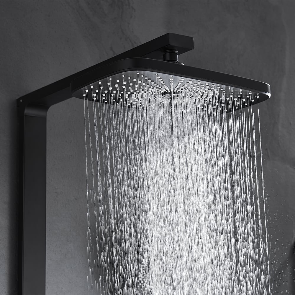 Black Exposed Rainfall Shower System with Handshower & Stone Rack Solid Brass