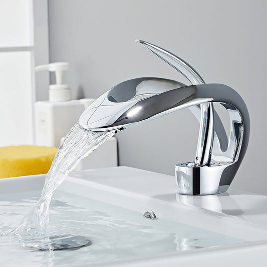 Waterfall Bathroom Sink Faucet in Chrome Single Handle Solid Brass