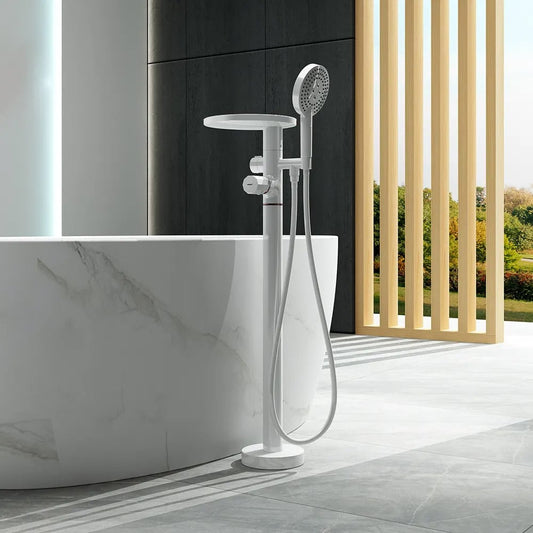 Floor Mounted Tub Faucet with Handshower & Stone Top in White & Rose Gold