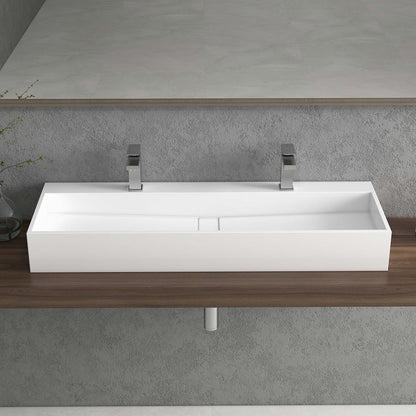 47 Inch Wall-Mount Double Sink Stone Resin Glossy White Floating Trough Bathroom Sink