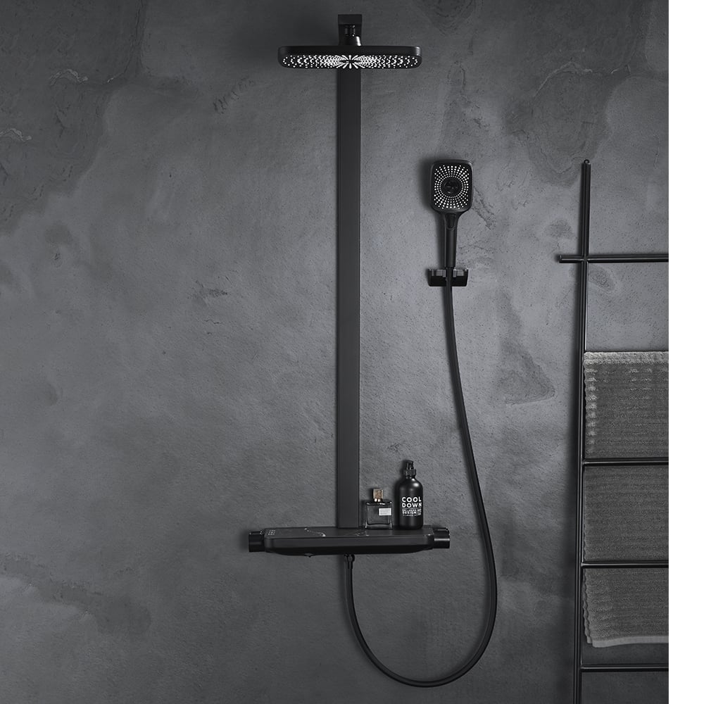 Black Exposed Rainfall Shower System with Handshower & Stone Rack Solid Brass