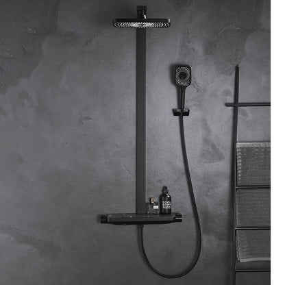 Black Exposed Rainfall Shower System with Handshower & Stone Rack Solid Brass