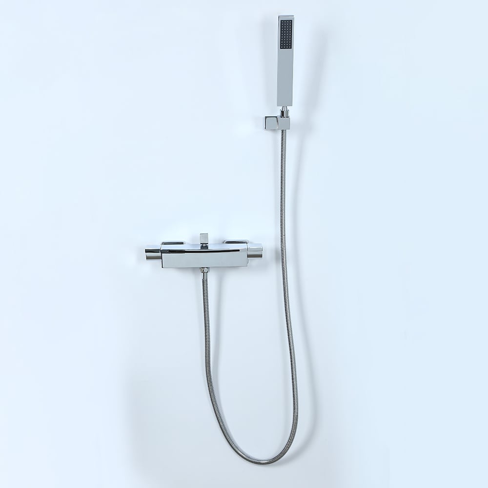 Contemporary Wall Mount Waterfall 2-Handle Chrome Bathtub Filler Faucet with Hand Shower