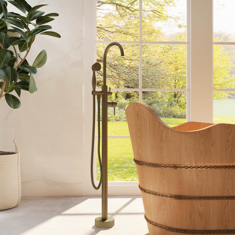 Classic Single Handle Swirling Spout Freestanding Tub Faucet with Handshower Solid Brass