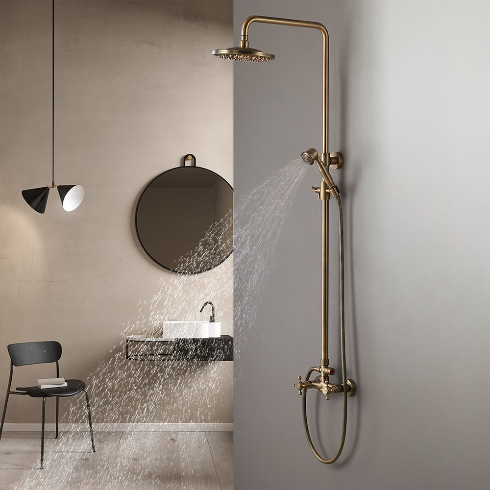 Classic Exposed Antique Brass Two Handle Round Rainshower Shower Fixture Solid Brass