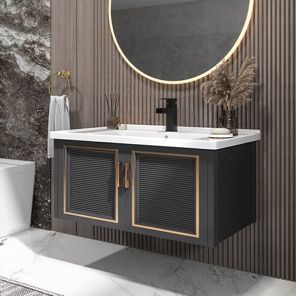 Bathroom Vanity Set 35.8" Floating Ceramic Bathroom Vanity Black with Sink