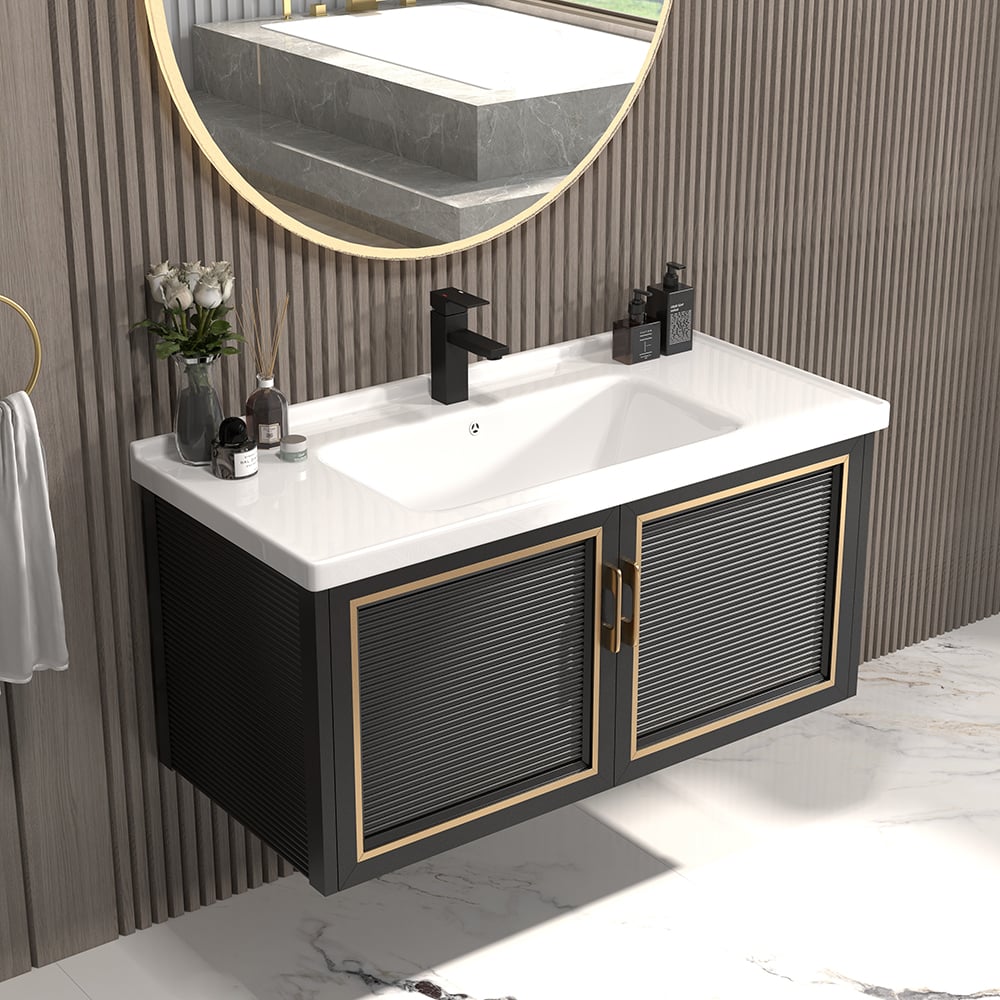 Bathroom Vanity Set 35.8" Floating Ceramic Bathroom Vanity Black with Sink
