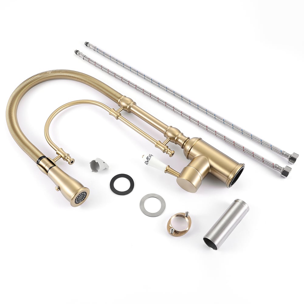 Brushed Gold High Arc Dual-Mode Pull-Down Kitchen Faucet Solid Brass Porcelain Handle