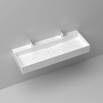 47 Inch Wall-Mount Double Sink Stone Resin Glossy White Floating Trough Bathroom Sink