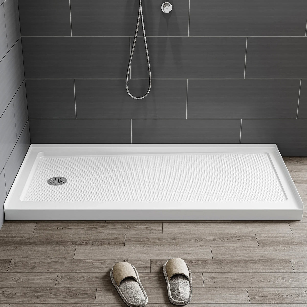 Acrylic Shower Base with Wider Threshold and Chrome Left Drain model BS6030-CH-L