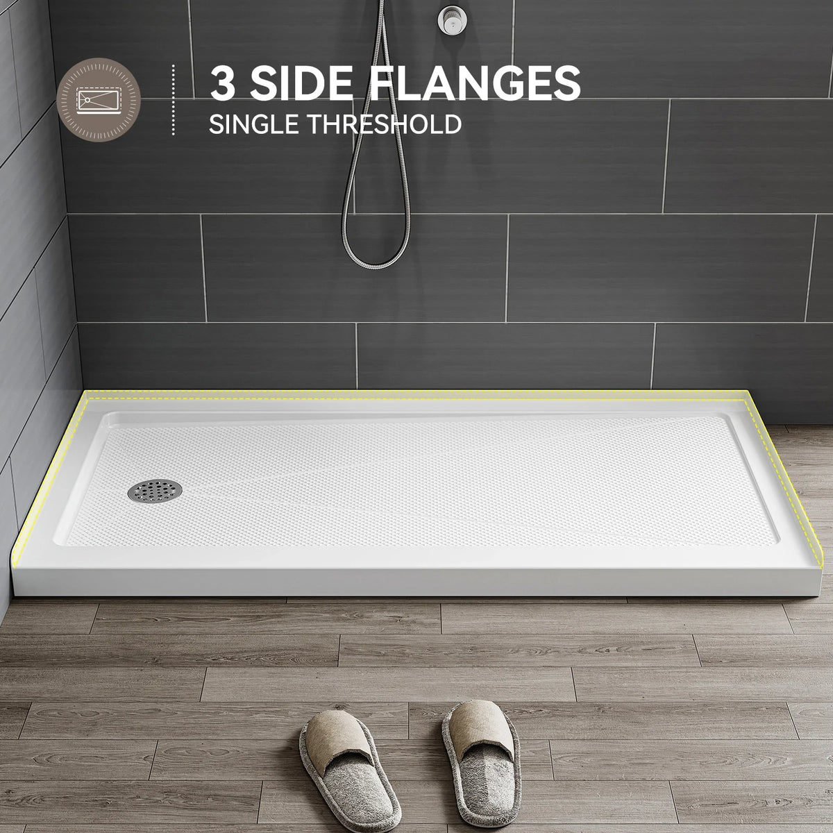 Acrylic Shower Base with Wider Threshold and Chrome Left Drain model BS6030-CH-L