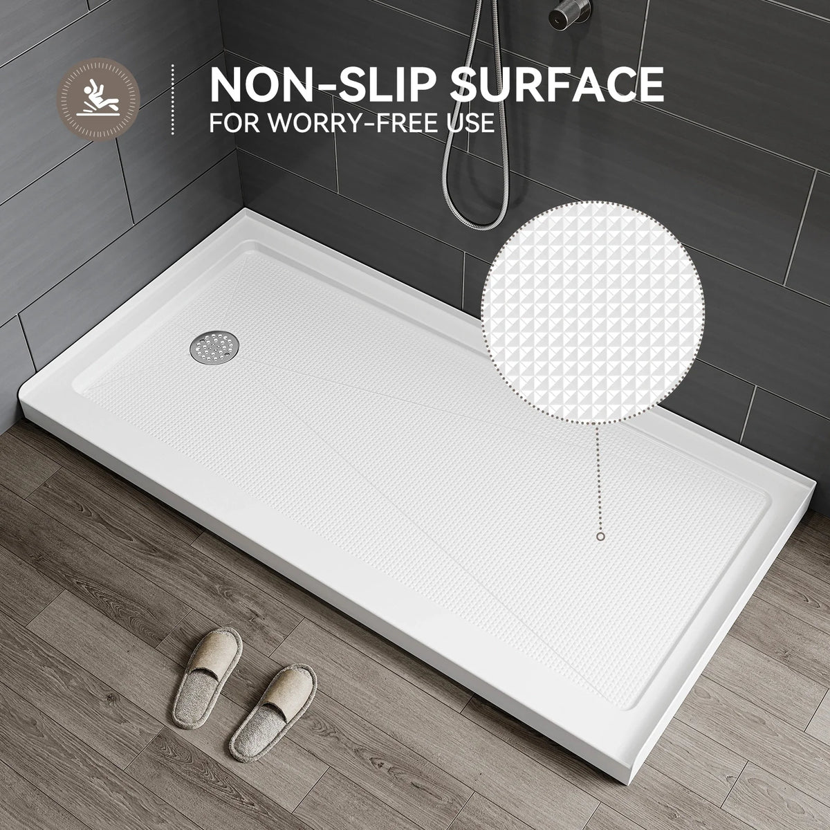 Acrylic Shower Base with Wider Threshold and Chrome Left Drain model BS6030-CH-L