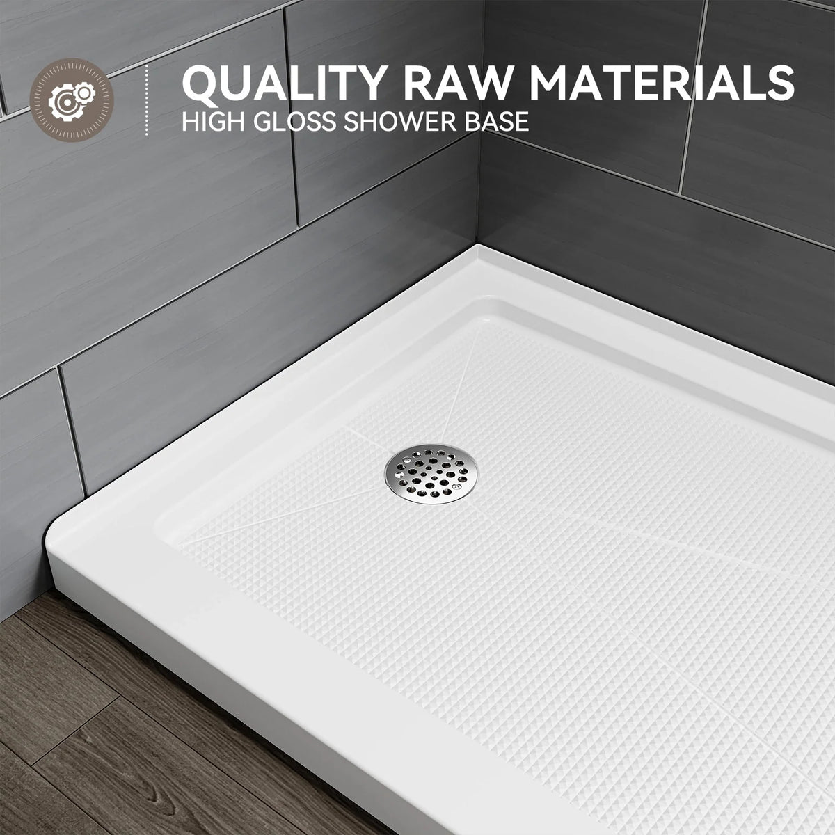 Acrylic Shower Base with Wider Threshold and Chrome Left Drain model BS6030-CH-L