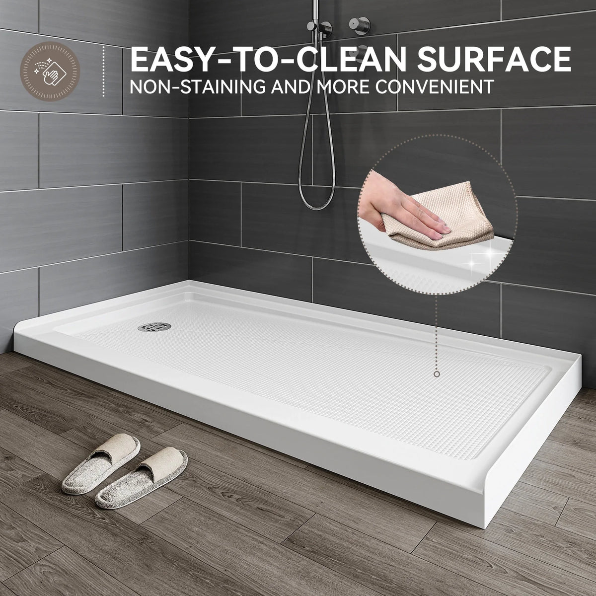 Acrylic Shower Base with Wider Threshold and Chrome Left Drain model BS6030-CH-L