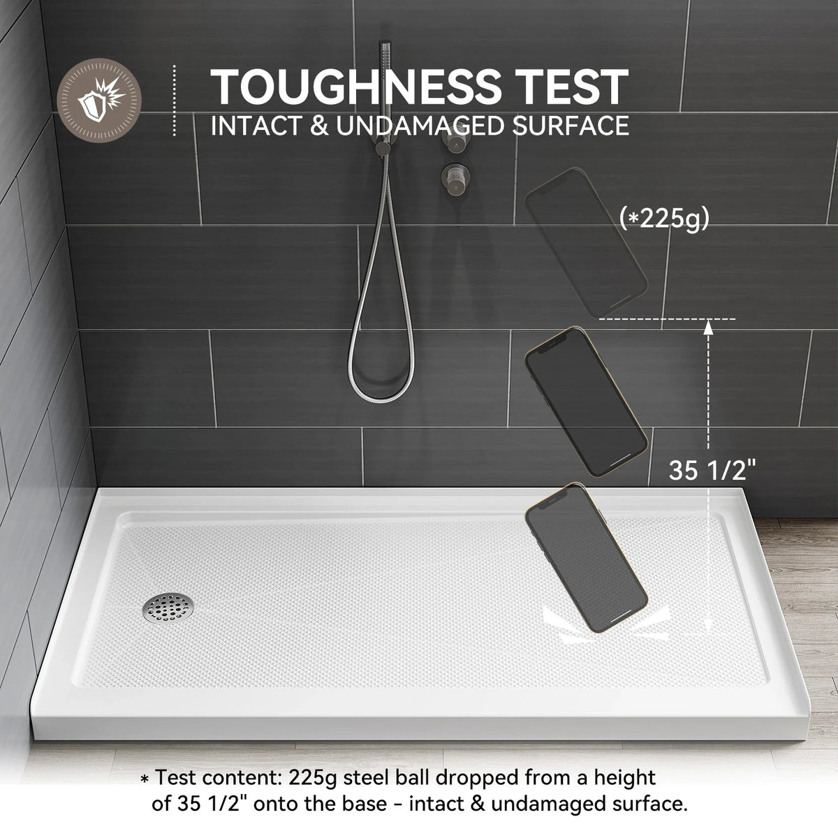 Acrylic Shower Base with Wider Threshold and Chrome Left Drain model BS6030-CH-L