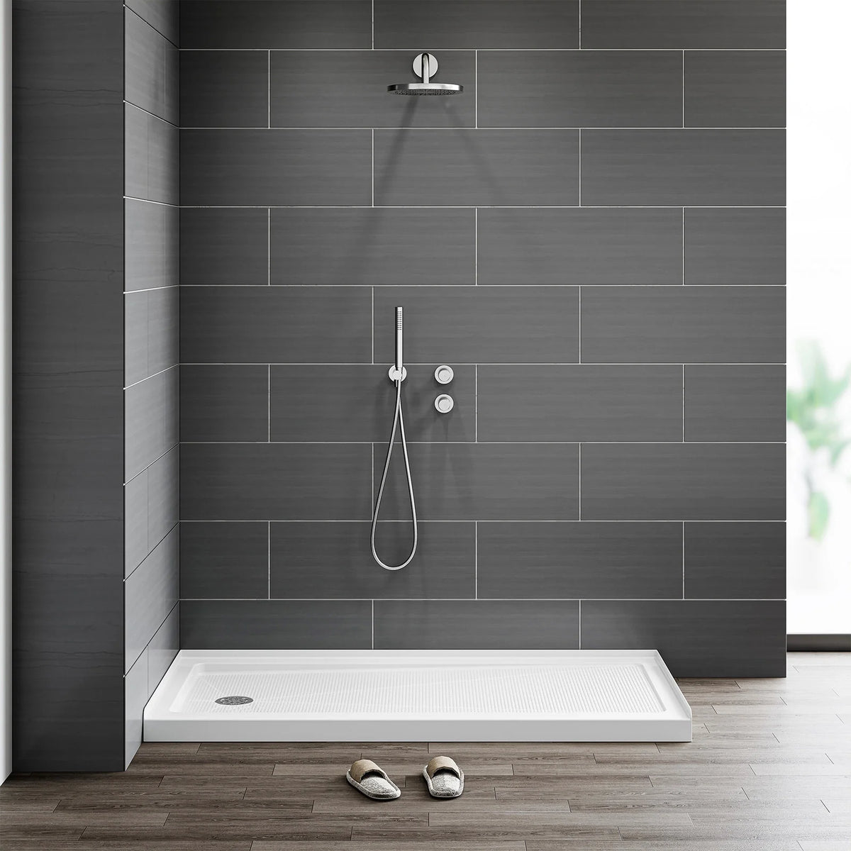 Acrylic Shower Base with Wider Threshold and Chrome Left Drain model BS6030-CH-L
