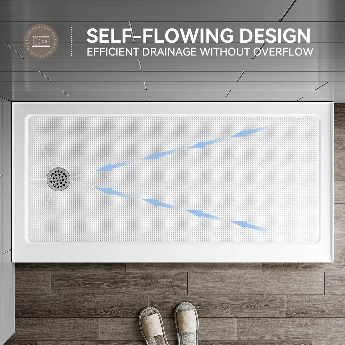 Acrylic Shower Base with Wider Threshold and Chrome Left Drain model BS6030-CH-L