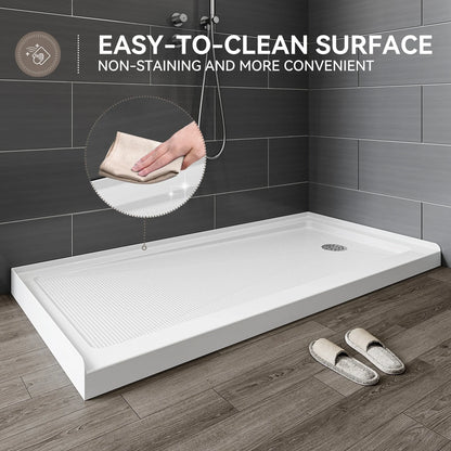 60 Inch Acrylic Shower Pan with Wider Threshold and Chrome Right Drain model BS6030-CH-R
