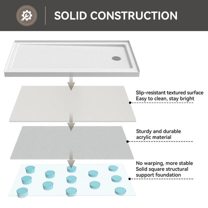 60 Inch Acrylic Shower Pan with Wider Threshold and Chrome Right Drain model BS6030-CH-R