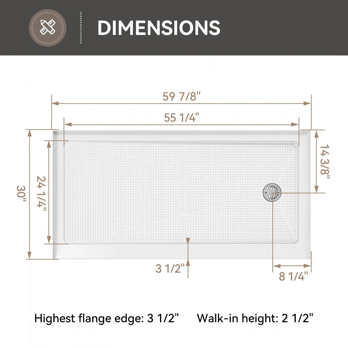 60 Inch Acrylic Shower Pan with Wider Threshold and Chrome Right Drain model BS6030-CH-R