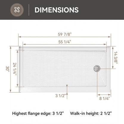 60 Inch Acrylic Shower Pan with Wider Threshold and Chrome Right Drain model BS6030-CH-R