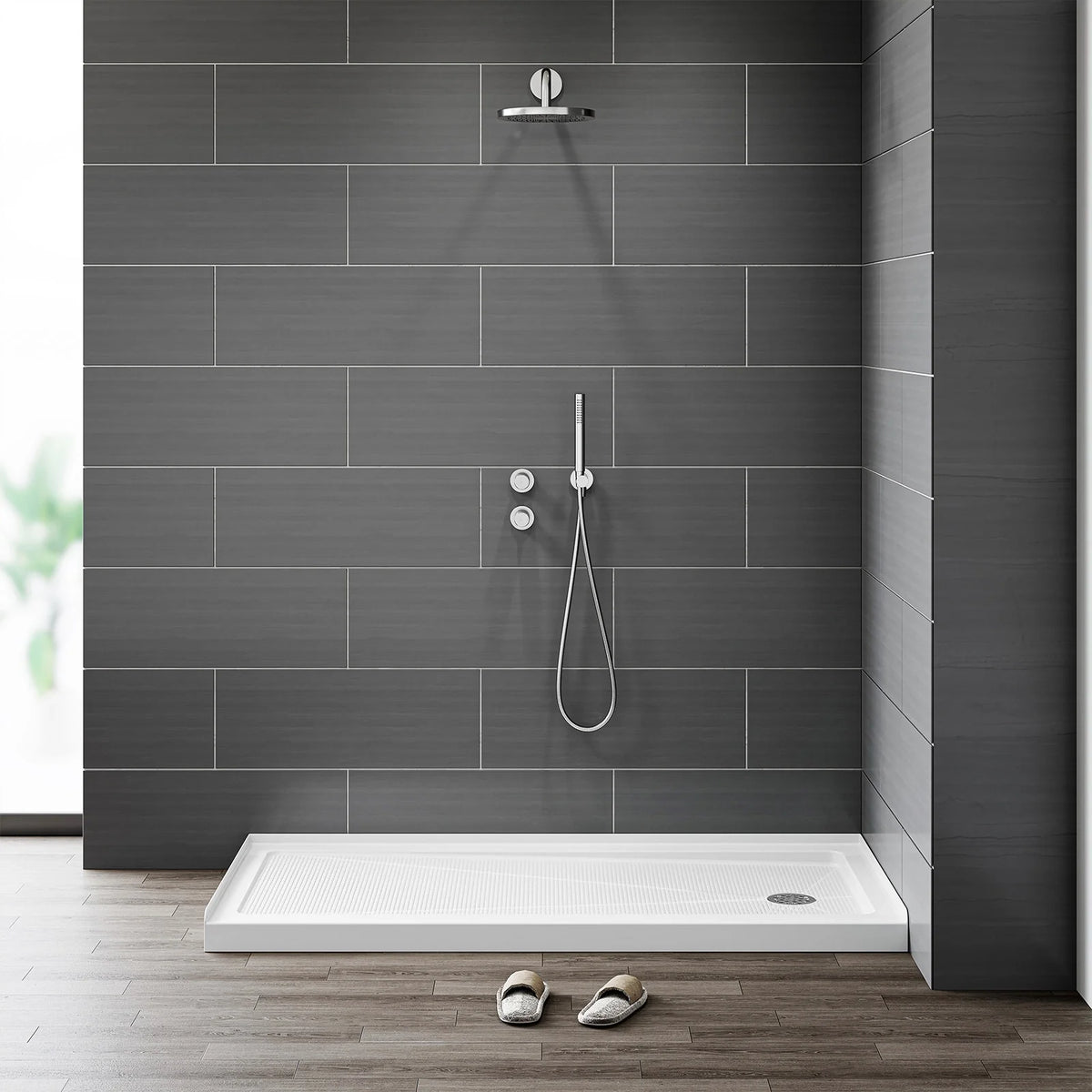 60 Inch Acrylic Shower Pan with Wider Threshold and Chrome Right Drain model BS6030-CH-R
