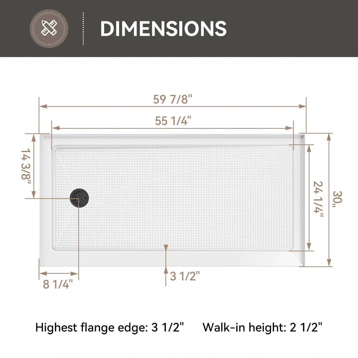60 Inch Acrylic Shower Base with Left Drain BS6030-MB-L