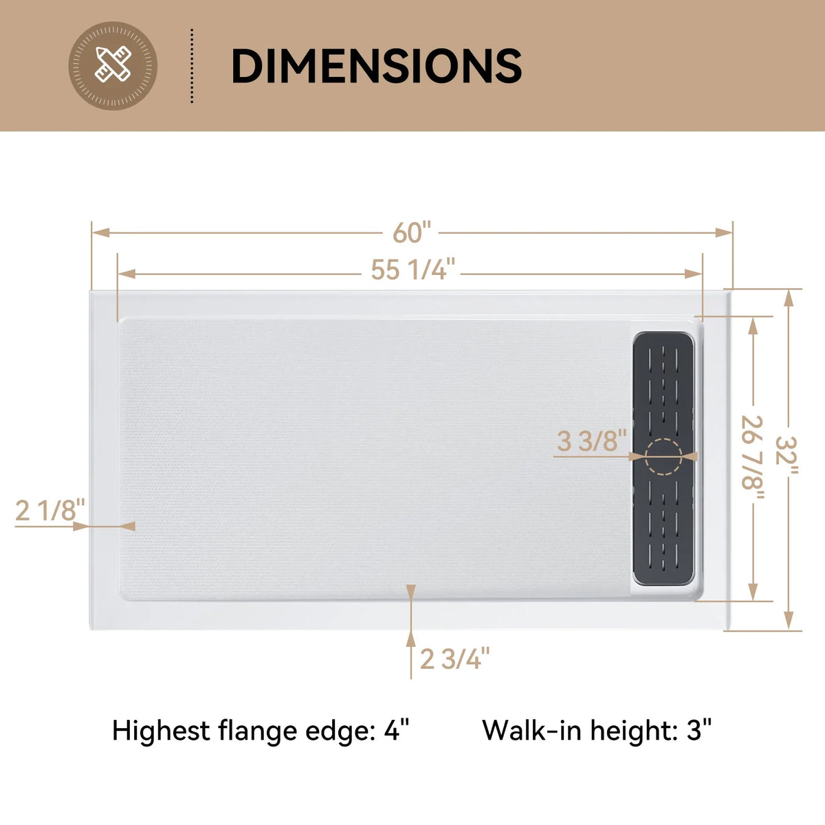 Acrylic Shower Pan with Right Drain Model BS6032-MB-R