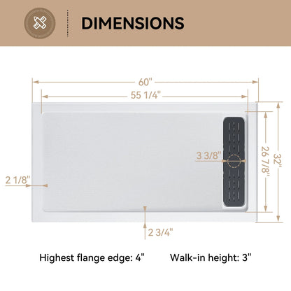 Acrylic Shower Pan with Right Drain Model BS6032-MB-R