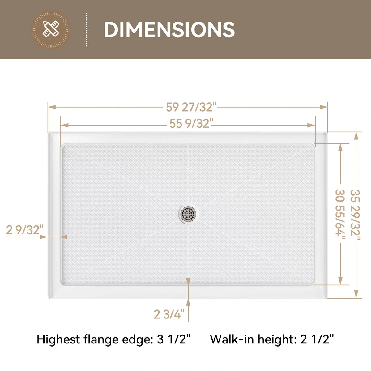 Chrome Acrylic Shower Pan with Center Drain Model BS6036-CH