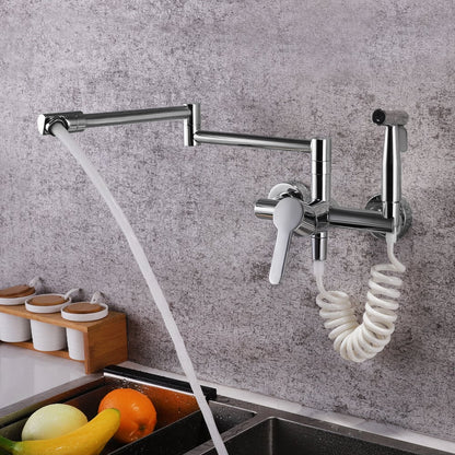 Modern Retractable Wall-mounted Pot Filler Brushed Nickel Kitchen Faucet with Spray