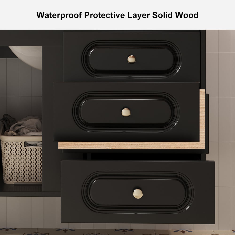31" Black Floating Bathroom Vanity Set Undermount Ceramic Sink with Rattan Door Cabinet
