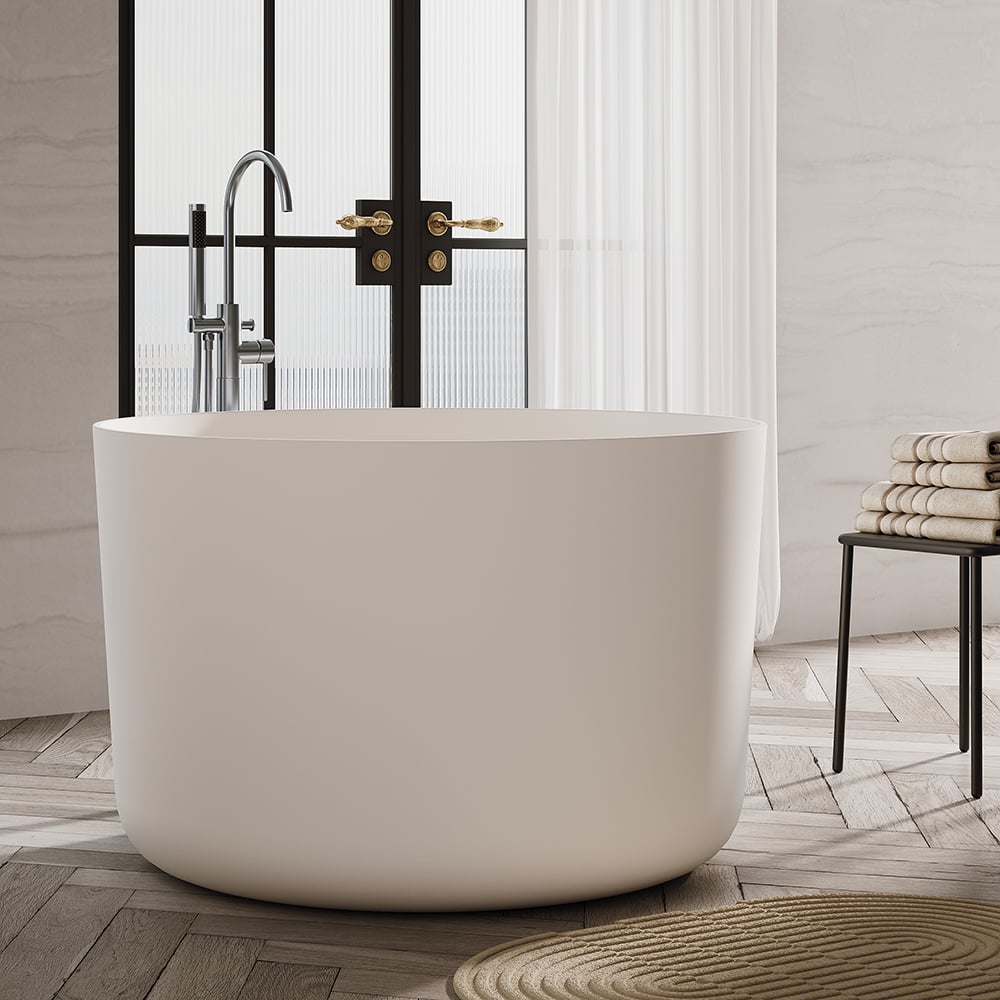 41" Japanese Modern Round  Freestanding Stone Soaking Bathtub White