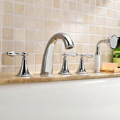 Deck Mounted Roman Bathtub Faucet with Handshower Solid Brass in Chrome