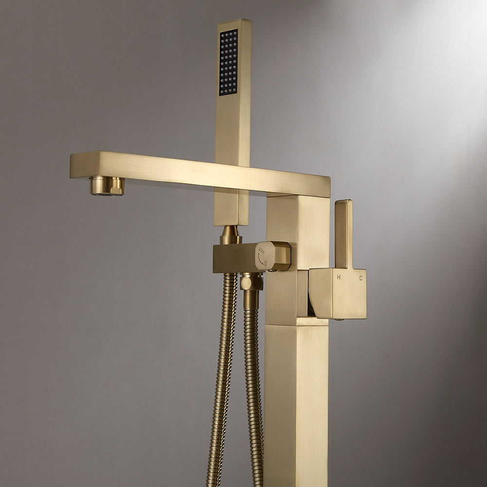 Freestanding Bathtub Faucet Gold Brushed Brass with Hand Shower