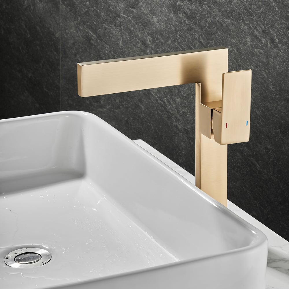 Brushed Gold Ultra-Thin Single Handle Waterfall Bathroom Vessel Sink Faucet Solid Brass