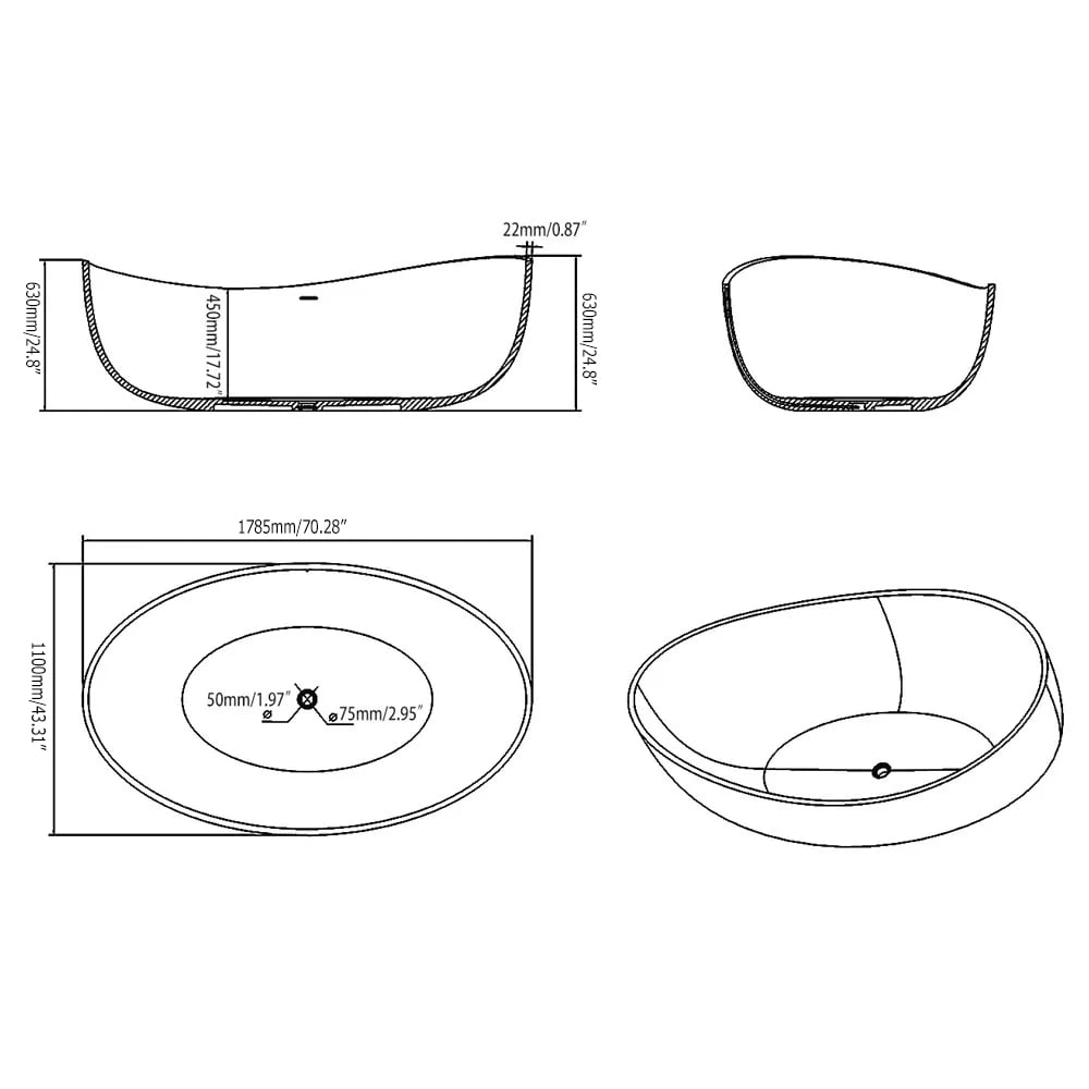 70" Modern Oval Freestanding Stone Resin Soaking Bathtub Black