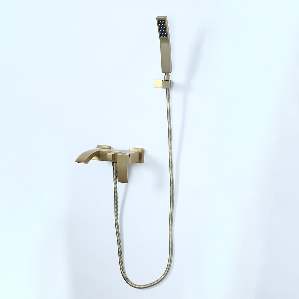 Ridge Wall-Mount Waterfall Bathtub Faucet Tub Filler with Hand Shower in Brushed Gold