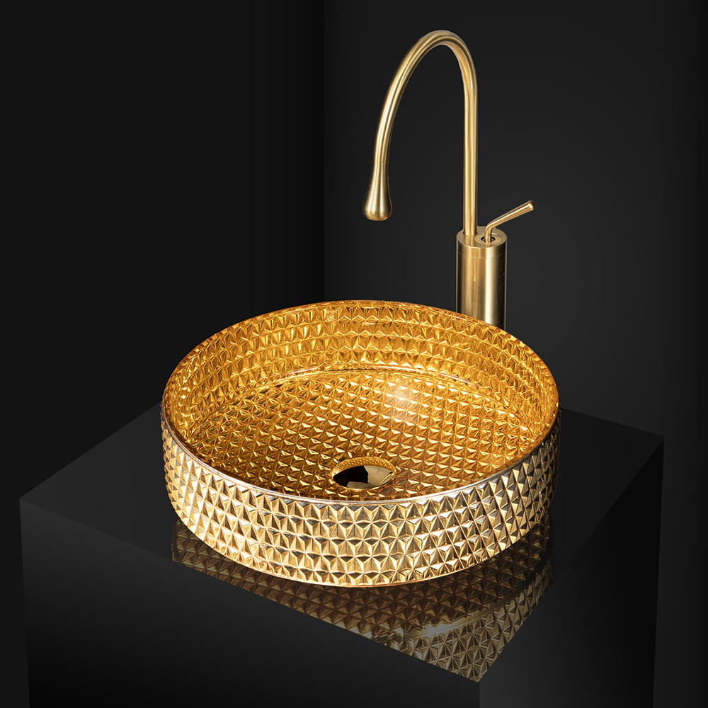 15" Modern Luxury Diamond Shaped Crystal Glass Bathroom Vessel Sink in Gold