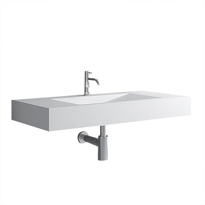 Glossy White Wall-Mount Floating Sink Solid Surface Stone Resin Bathroom V-Shaped Sink